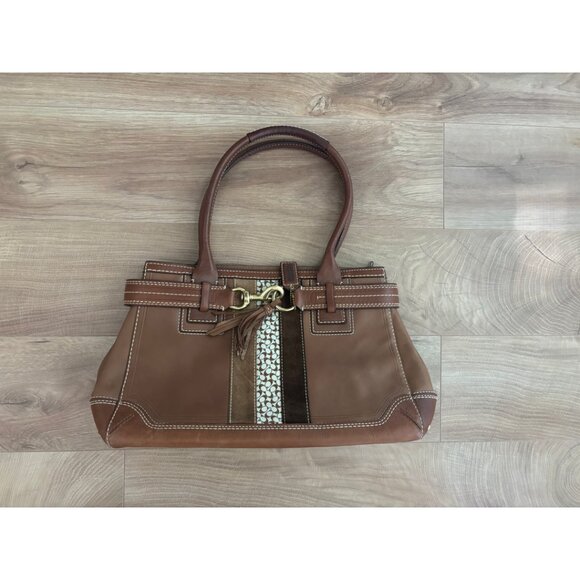 Coach Hamptons Camel Tan Leather Stripe  Carryall Business Tote Bag - Picture 2 of 6